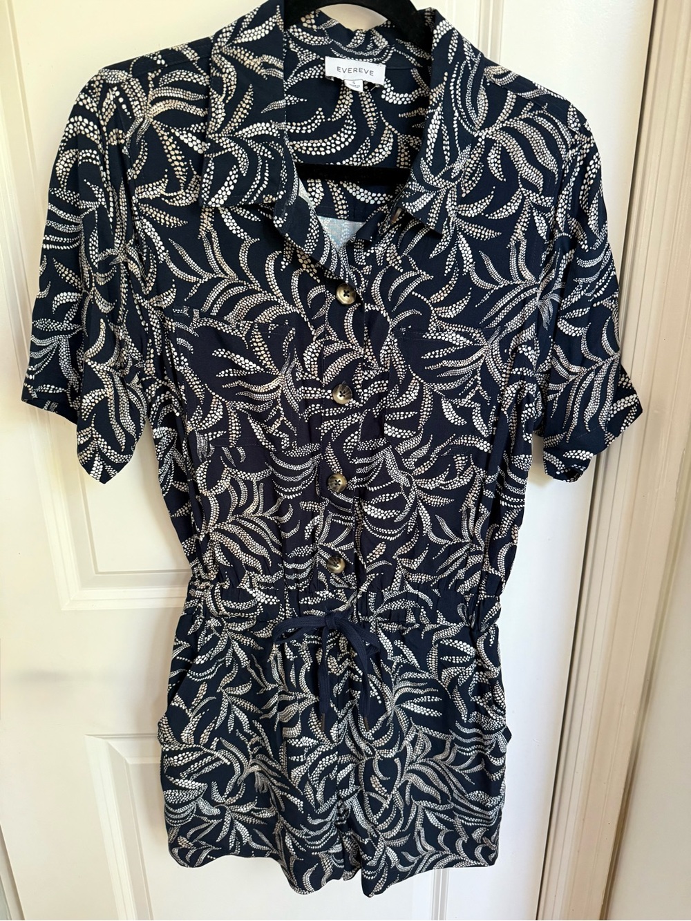 Evereve Navy and White Printed Button-Front Short Sleeve Romper